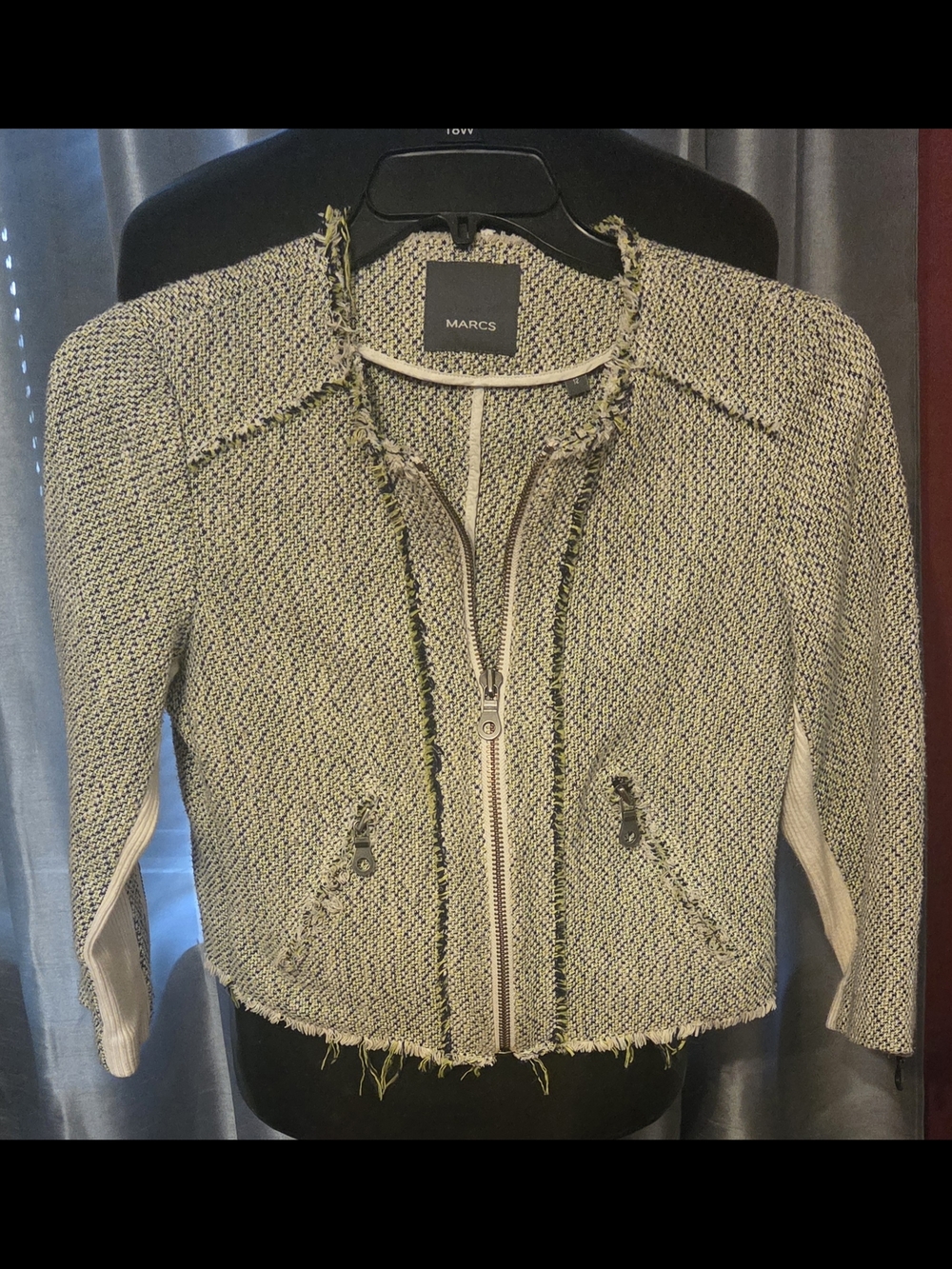 MARCS Women's Tweed Zip-Front Jacket in Light Green, Ivory and Black